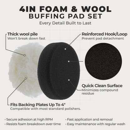 4 Inch Buffing Pads Set - 5 Smooth Flat Foam Buffer Pads & 1 Wool Pad for Orbital Buffers, DA Polish Pad for Paint Correction, Polishing Kit