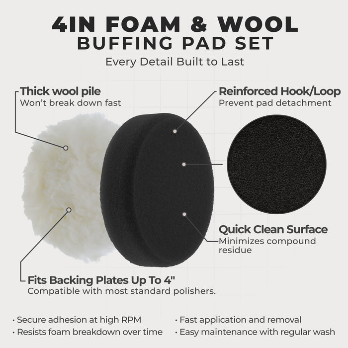 4 Inch Buffing Pads Set - 5 Smooth Flat Foam Buffer Pads & 1 Wool Pad for Orbital Buffers, DA Polish Pad for Paint Correction, Polishing Kit for Auto & Boat Gelcoat Detailing