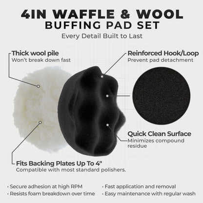 4 Inch Buffing Pads Set - 5 Waffle Foam Buffer Pads & 1 Wool Pad for Orbital Buffers, DA Polish Pad for Paint Correction, Polishing Kit