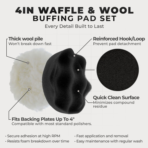 4 Inch Buffing Pads Set - 5 Waffle Foam Buffer Pads & 1 Wool Pad for Orbital Buffers, DA Polish Pad for Paint Correction, Polishing Kit for Auto & Boat Gelcoat Detailing