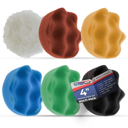 4 Inch Buffing Pads Set - 5 Waffle Foam Buffer Pads & 1 Wool Pad for Orbital Buffers, DA Polish Pad for Paint Correction, Polishing Kit