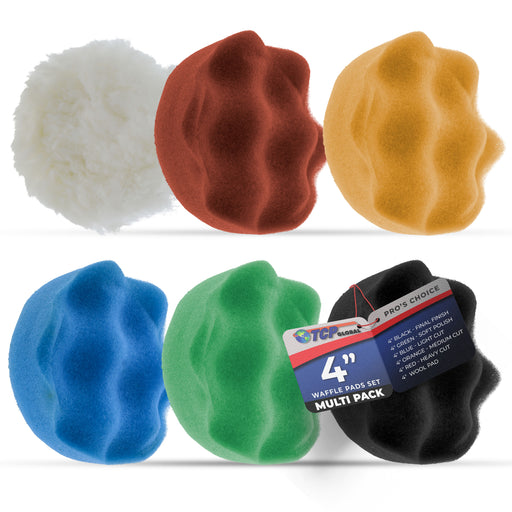 4 Inch Buffing Pads Set - 5 Waffle Foam Buffer Pads & 1 Wool Pad for Orbital Buffers, DA Polish Pad for Paint Correction, Polishing Kit for Auto & Boat Gelcoat Detailing