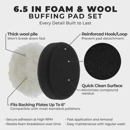 6.5 Inch Buffing Pads Set - 5 Smooth Flat Foam Buffer Pads & 1 Wool Pad for Orbital Buffers, DA Polish Pad for Paint Correction, Polishing Kit