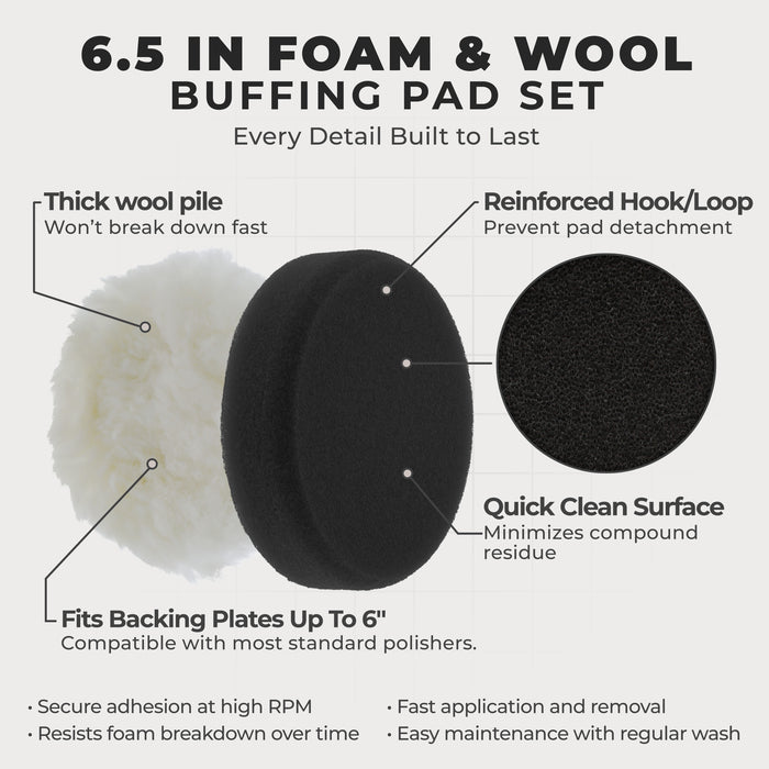 6.5 Inch Buffing Pads Set - 5 Smooth Flat Foam Buffer Pads & 1 Wool Pad for Orbital Buffers, DA Polish Pad for Paint Correction, Polishing Kit for Auto & Boat Gelcoat Detailing