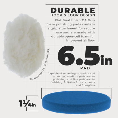 6.5 Inch Buffing Pads Set - 5 Smooth Flat Foam Buffer Pads & 1 Wool Pad for Orbital Buffers, DA Polish Pad for Paint Correction, Polishing Kit