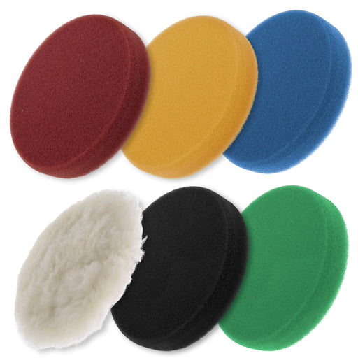 6 Pad Set of 6.5" Flat Foam & Wool Buffing & Polishing Hook & Loop Grip Pads Kit