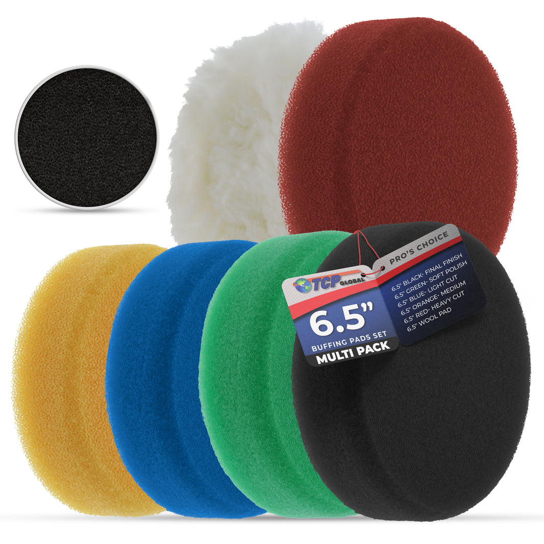 6.5 Inch Buffing Pads Set - 5 Smooth Flat Foam Buffer Pads & 1 Wool Pad for Orbital Buffers, DA Polish Pad for Paint Correction, Polishing Kit