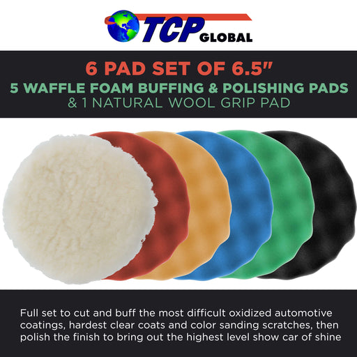 6 Piece Polishing Pad Kit, 6.5" Buffing Pad Set with 5 Waffle Foam, 1 Wool - Hook & Loop Grip Pads - Buff Polish Wax Detail Cars Auto Paint