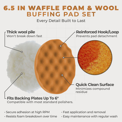6.5 Inch Buffing Pads Set - 5 Waffle Foam Buffer Pads & 1 Wool Pad for Orbital Buffers, DA Polish Pad for Paint Correction, Polishing Kit for Auto &