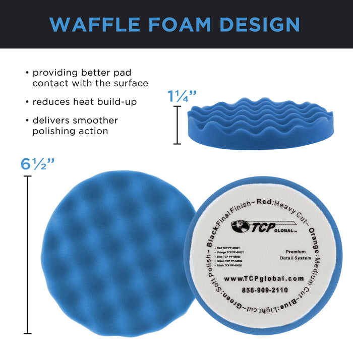 6 Piece Polishing Pad Kit, 6.5" Buffing Pad Set with 5 Waffle Foam, 1 Wool - Hook & Loop Grip Pads - Buff Polish Wax Detail Cars Auto Paint