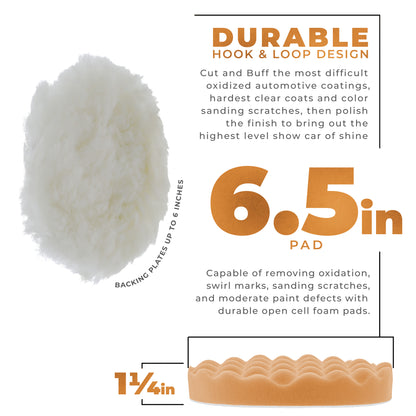 6.5 Inch Buffing Pads Set - 5 Waffle Foam Buffer Pads & 1 Wool Pad for Orbital Buffers, DA Polish Pad for Paint Correction, Polishing Kit for Auto &