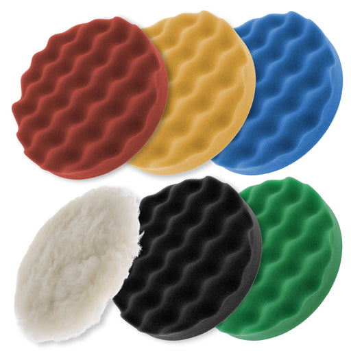 6 Piece Polishing Pad Kit, 6.5" Buffing Pad Set with 5 Waffle Foam, 1 Wool - Hook & Loop Grip Pads - Buff Polish Wax Detail Cars Auto Paint