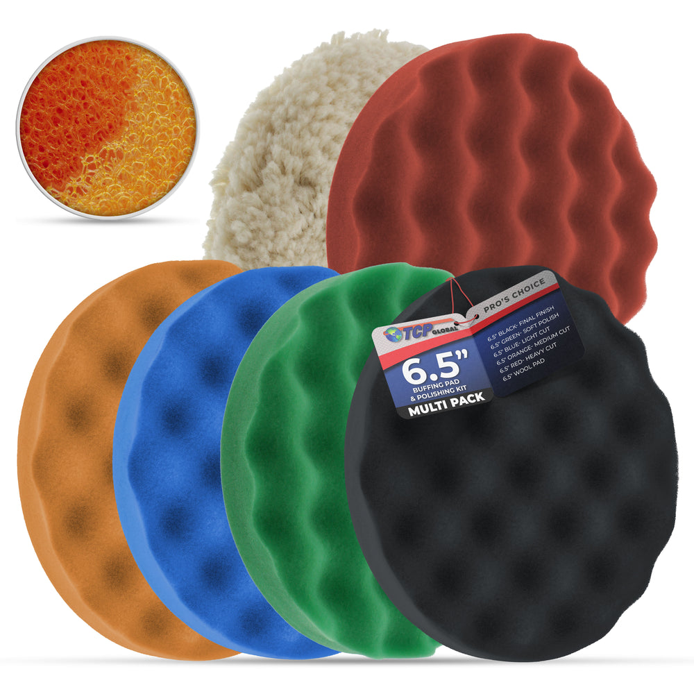 6.5 Inch Buffing Pads Set - 5 Waffle Foam Buffer Pads & 1 Wool Pad for Orbital Buffers, DA Polish Pad for Paint Correction, Polishing Kit for Auto & Boat Gelcoat Detailing