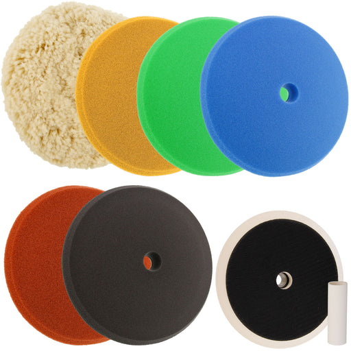 Ultimate Buffing and Polishing Kit with 6 - 8" Pads; 5 Foam & 1 Wool Grip Pads and a 5/8" Threaded Polisher Grip Backing Plate