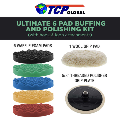 Ultimate 6 Pad Buffing and Polishing Kit with 6 - 8" Pads; 5 Waffle Foam & 1 Wool Grip Pads and a 5/8" Threaded Polisher Grip Backing Plate