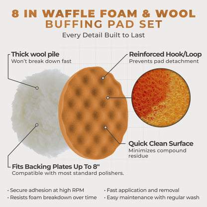 Professional 6 Pad Buffing and Polishing Kit with 5 Waffle Foam Pads and 1 Wool Grip Pad for Car Detailing - Complete 8 inch Polisher Buffing Pads