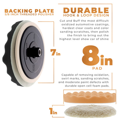 Professional 6 Pad Buffing and Polishing Kit with 5 Waffle Foam Pads and 1 Wool Grip Pad for Car Detailing - Complete 8 inch Polisher Buffing Pads