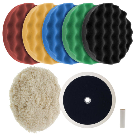 Ultimate 6 Pad Buffing and Polishing Kit with 6 - 8" Pads; 5 Waffle Foam & 1 Wool Grip Pads and a 5/8" Threaded Polisher Grip Backing Plate