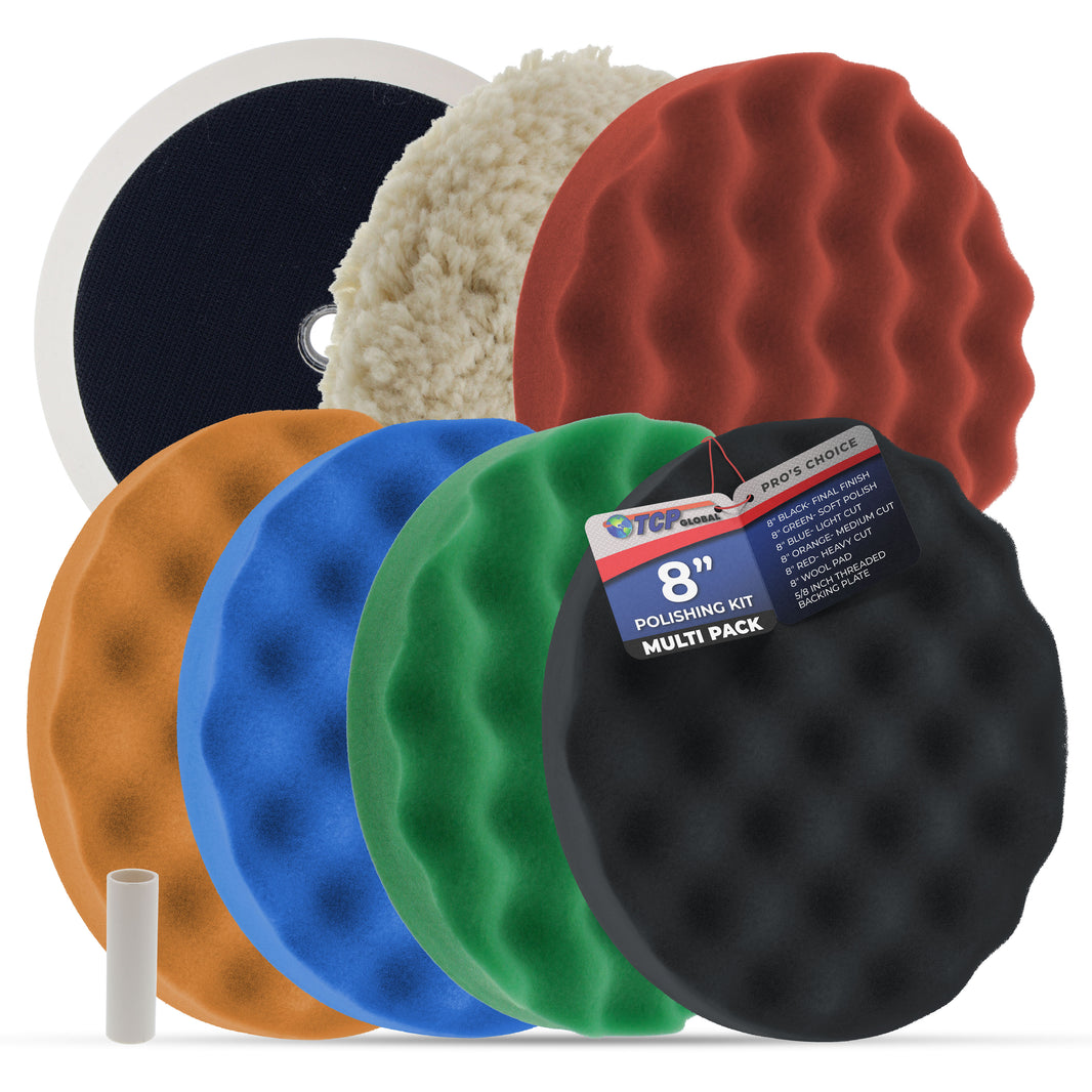 Professional 6 Pad Buffing and Polishing Kit with 5 Waffle Foam Pads and 1 Wool Grip Pad for Car Detailing - Complete 8 inch Polisher Buffing Pads