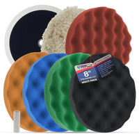 Professional 6 Pad Buffing and Polishing Kit with 5 Waffle Foam Pads and 1 Wool Grip Pad for Car Detailing - Complete 8 inch Polisher Buffing Pads