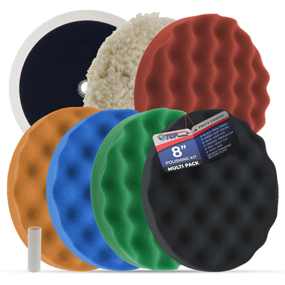 Professional 6 Pad Buffing and Polishing Kit with 5 Waffle Foam Pads and 1 Wool Grip Pad for Car Detailing - Complete 8 inch Polisher Buffing Pads