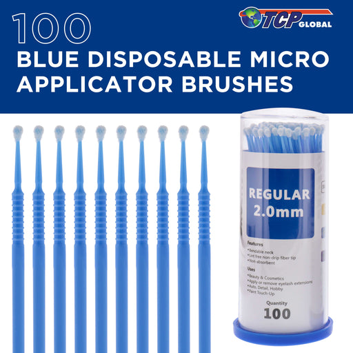 TCP Global Eyelash Extension Micro Brushes, 100 Medium 2.0 mm Tip Size Blue Disposable Brush Applicators - Apply Makeup, Paint Touch Up