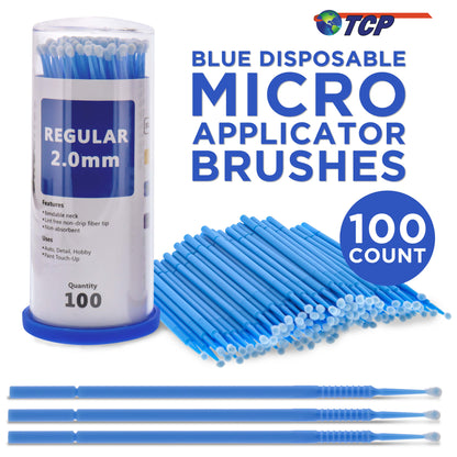 Eyelash Extension Micro Brushes, 100 Medium 2.0 mm Tip Size Blue Disposable Brush Applicators - Apply Makeup, Paint Touch Up