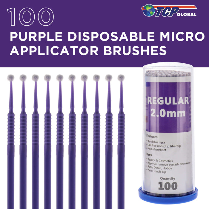 TCP Global Eyelash Extension Micro Brushes, 100 Medium 2.0 mm Tip Size Purple Disposable Brush Applicators - Apply Makeup, Paint Touch Up