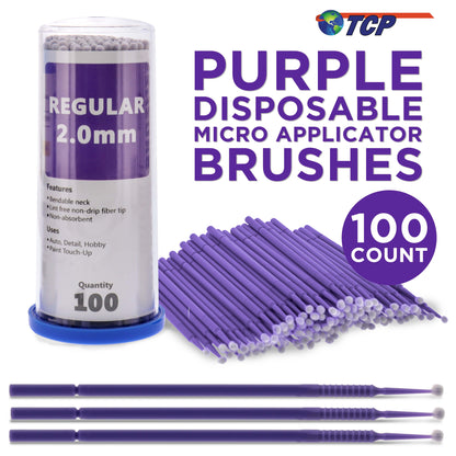 Eyelash Extension Micro Brushes, 100 Medium 2.0 mm Tip Size Purple Disposable Brush Applicators - Apply Makeup, Paint Touch Up