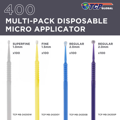 400 Eyelash Extension Micro Brushes - Brush Applicator Tip Sizes 1.0 mm Superfine White, 1.5 mm Fine Yellow, 2.0 mm Medium Blue & Purple
