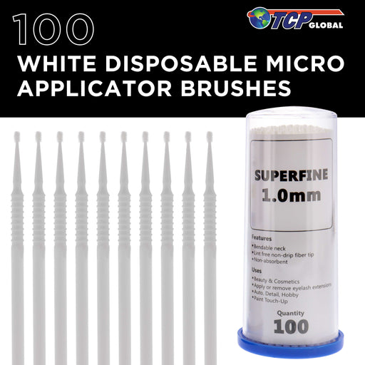 TCP Global Paint Touch Up Micro Brushes, 100 Superfine 1.0 mm Tip Size White Brush Applicators - Auto Body Shop, Auto Car Detailing, Hobby