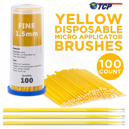 TCP Global Paint Touch Up Micro Brushes, 100 Fine 1.5 mm Tip Size Yellow Brush Applicators - Auto Body Shop, Auto Car Detailing, Hobby