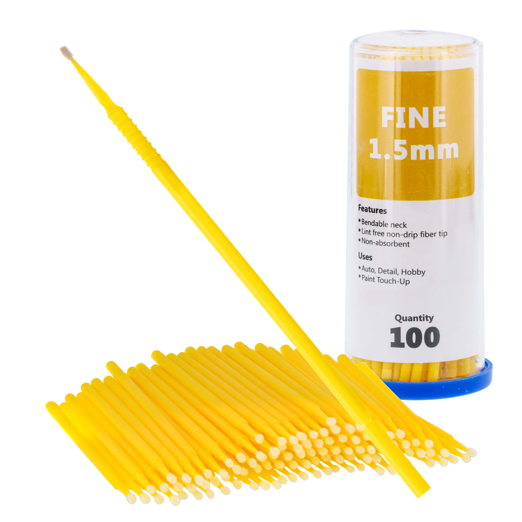 TCP Global Paint Touch Up Micro Brushes, 100 Fine 1.5 mm Tip Size Yellow Brush Applicators - Auto Body Shop, Auto Car Detailing, Hobby