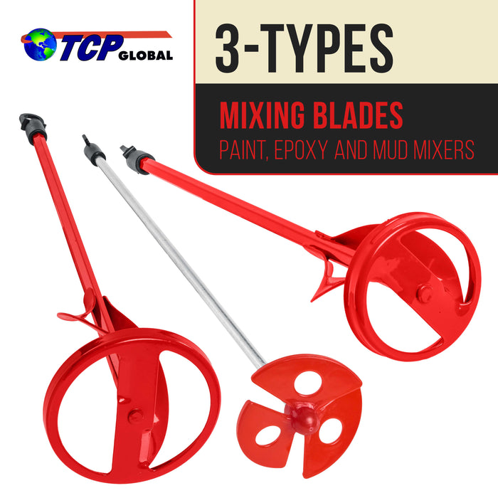 TCP Global Set of 3 Paint, Epoxy Resin, Mud and Cement Mixer Blades - Power Drill Stirring Tools -14" Ribbon Mixing Paddles with 5/16" Hex Head Shafts