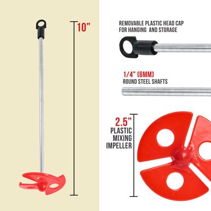 Paint Mixer Attachment (Set of 2) - 10" Drill Paddle Mixer with 1/4" Round Shafts, 2.5" Plastic Paddles - Mix 1 Quart to 1 Gallon of Paint, Epoxy