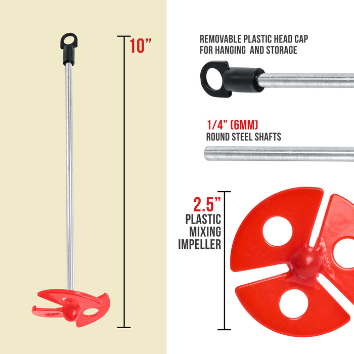 TCP Global Paint, Epoxy Resin, Mud Power Mixer Blade Drill Tool for Mixing Quarts and Gallons (2 Pack) - 10" Long, 1/4" Round Drill Shaft,2.5" Paddles