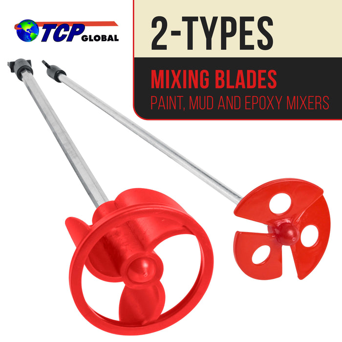 TCP Global 2 Types of Paint, Epoxy Resin, Mud Power Mixer Blade Drill Tools for Mixing Quarts to 2.5 Gallon Buckets - 14" Long, 1/4" Round and 5/16" Hex Shafts, 2.5" and 3" Plastic Paddles - Stirring