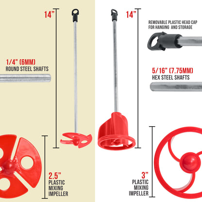 Paint Mixer Attachment (Set of 2) - 14" Drill Paddle Mixer with 1/4" Round & 5/16" Hex Shafts, 3" Paddles - Mix 1 Quart to 2.5 Gallons of Paint