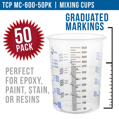 20 Ounce (600ml) Disposable Flexible Clear Graduated Plastic Mixing Cups - Box of 50 Cups - Use for Paint, Resin, Epoxy, Art, Kitchen