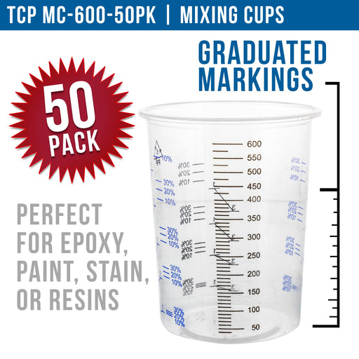 TCP Global 20 Ounce (600ml) Disposable Flexible Clear Graduated Plastic Mixing Cups - Box of 50 Cups - Use for Paint, Resin, Epoxy, Art, Kitchen