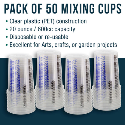 20 Ounce (600ml) Disposable Flexible Clear Graduated Plastic Mixing Cups - Box of 50 Cups - Use for Paint, Resin, Epoxy, Art, Kitchen