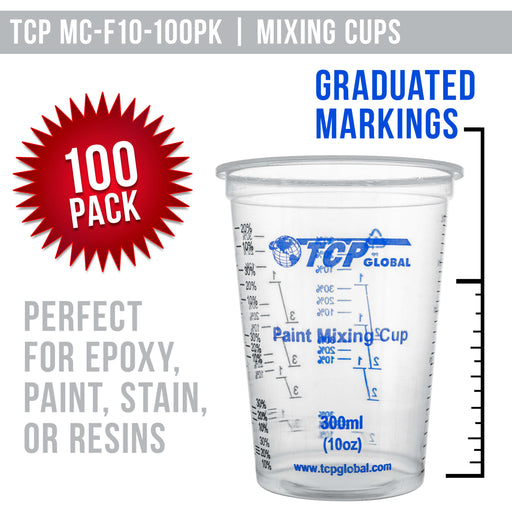 TCP Global 10 Ounce (300ml) Disposable Flexible Clear Graduated Plastic Mixing Cups - Box of 100 Cups & 50 Mixing Sticks - Use for Paint, Resin, Epoxy