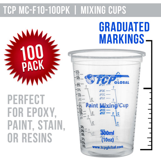 10 oz. (300ml) Graduated Plastic Mixing Cups - Box of 100 with 50 Mixing Sticks - Disposable Plastic Measuring Cups for Liquids, Paints, Resin
