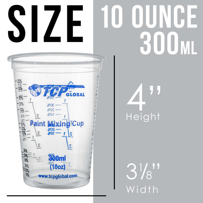 10 oz. (300ml) Graduated Plastic Mixing Cups - Box of 100 with 50 Mixing Sticks - Disposable Plastic Measuring Cups for Liquids, Paints, Resin