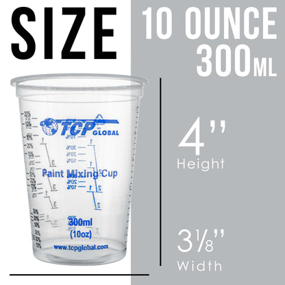 10 oz. (300ml) Graduated Plastic Mixing Cups - Box of 100 with 50 Mixing Sticks - Disposable Plastic Measuring Cups for Liquids, Paints, Resin