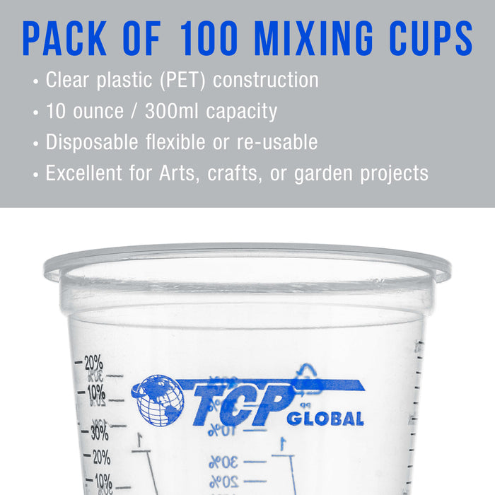 TCP Global 10 Ounce (300ml) Disposable Flexible Clear Graduated Plastic Mixing Cups - Box of 100 Cups & 50 Mixing Sticks - Use for Paint, Resin, Epoxy