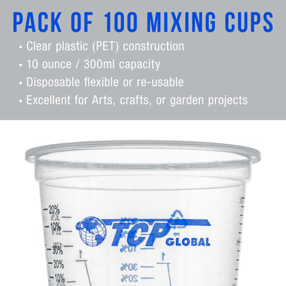 10 oz. (300ml) Graduated Plastic Mixing Cups - Box of 100 with 50 Mixing Sticks - Disposable Plastic Measuring Cups for Liquids, Paints, Resin