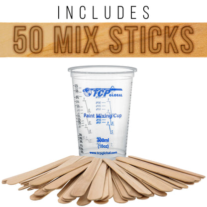 10 oz. (300ml) Graduated Plastic Mixing Cups - Box of 100 with 50 Mixing Sticks - Disposable Plastic Measuring Cups for Liquids, Paints, Resin