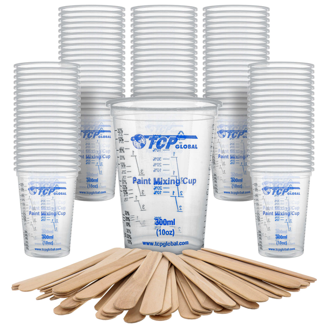 10 oz. (300ml) Graduated Plastic Mixing Cups - Box of 100 with 50 Mixing Sticks - Disposable Plastic Measuring Cups for Liquids, Paints, Resin