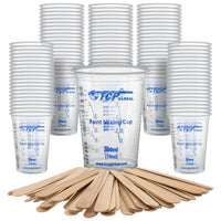 10 oz. (300ml) Graduated Plastic Mixing Cups - Box of 100 with 50 Mixing Sticks - Disposable Plastic Measuring Cups for Liquids, Paints, Resin